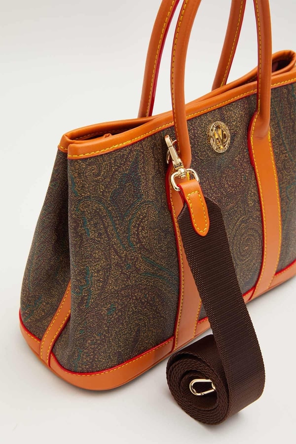 LevidorKahve Şeritli Etnik Desen El Çantası