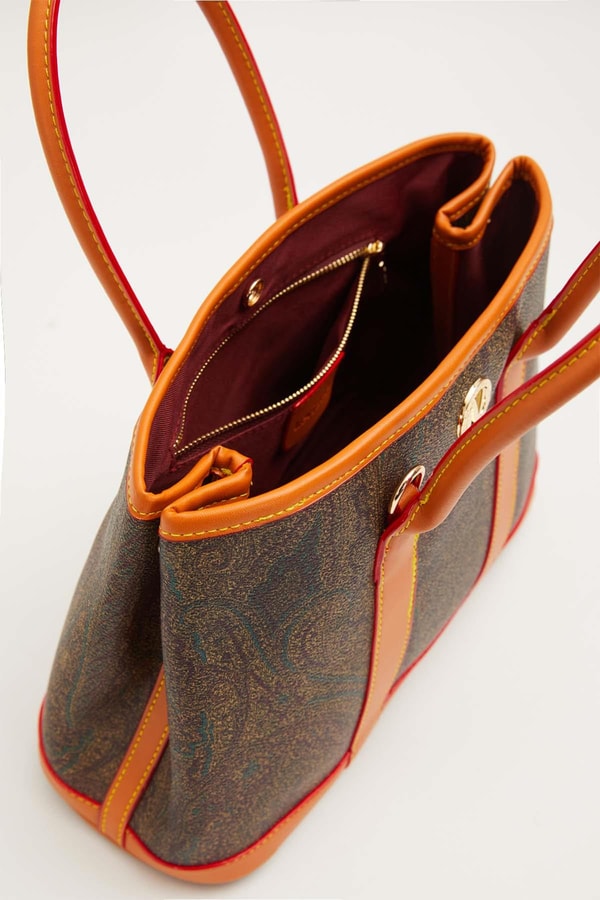 LevidorKahve Şeritli Etnik Desen El Çantası