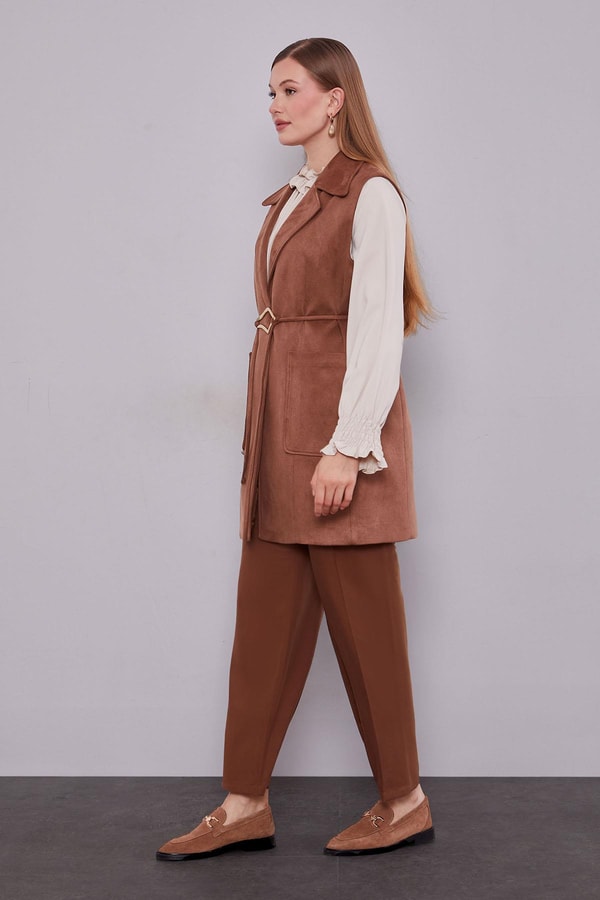 LevidorKahve Süet Kemer Detaylı Yelek