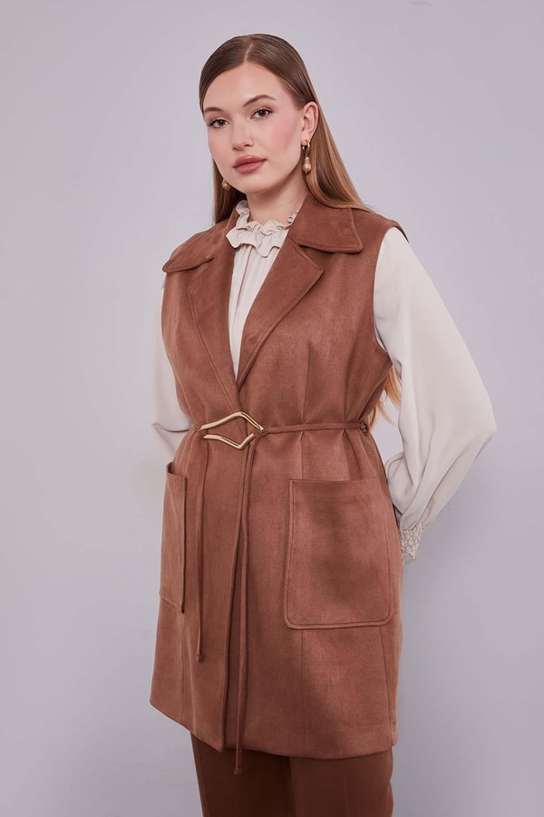 LevidorKahve Süet Kemer Detaylı Yelek