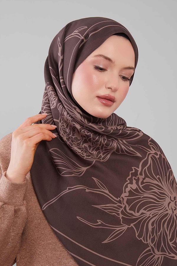 LevidorKahve Sümbül Çiçek Desen Yün İpek Şal