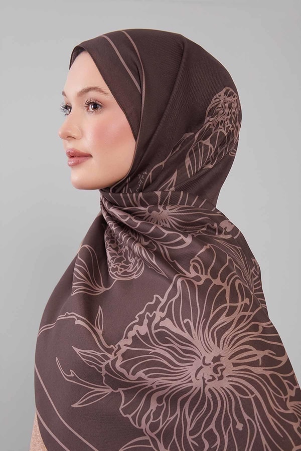 LevidorKahve Sümbül Çiçek Desen Yün İpek Şal