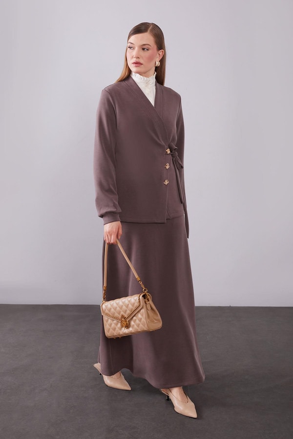 LevidorKahve Yan Bağlama Detaylı Etek Takım