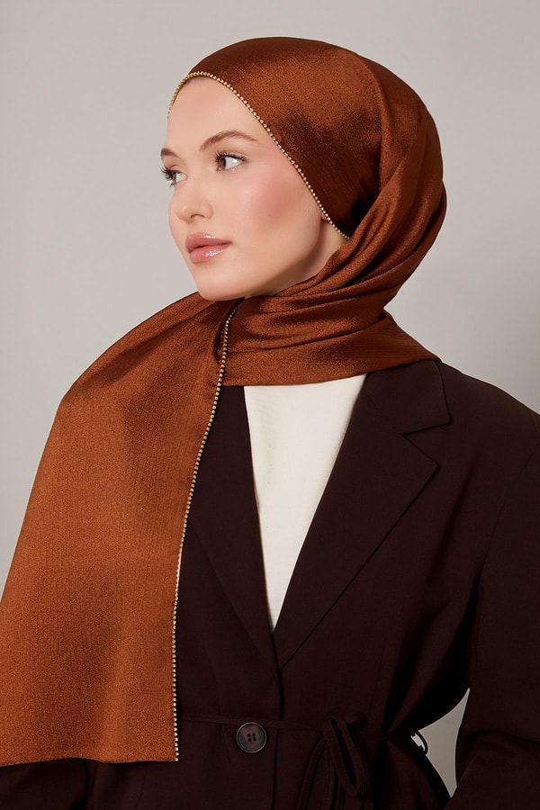 LevidorKahve Yanları Taş Detaylı Kristal Yoryo Şal