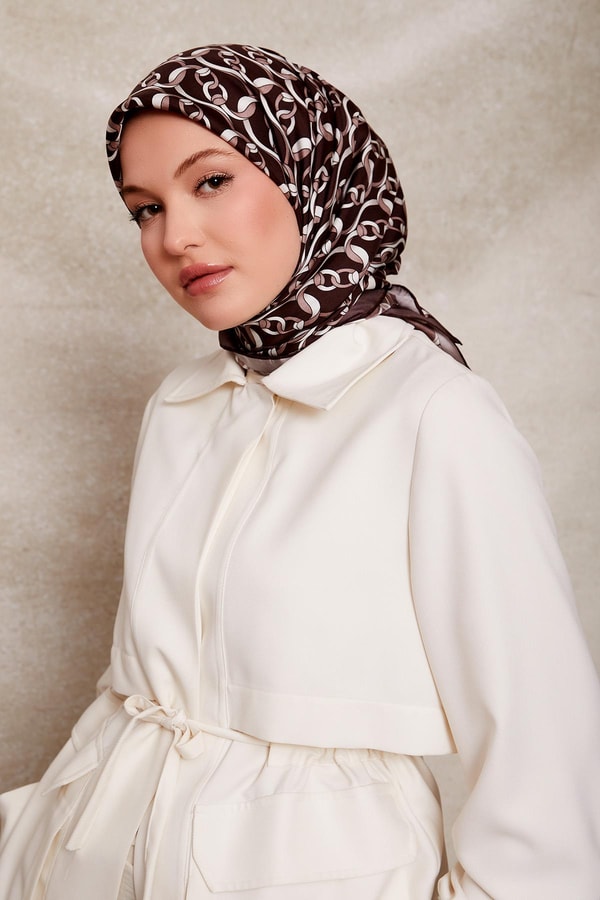 LevidorKahve Zincirli Desenli Twill İpek Eşarp
