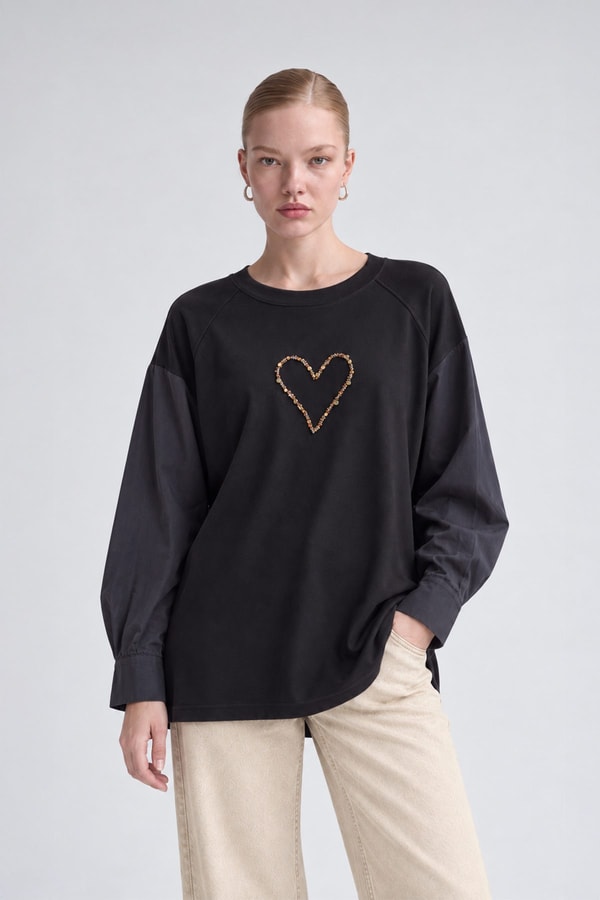LevidorKalp Detaylı Renk Bloklu Sweatshirt Siyah