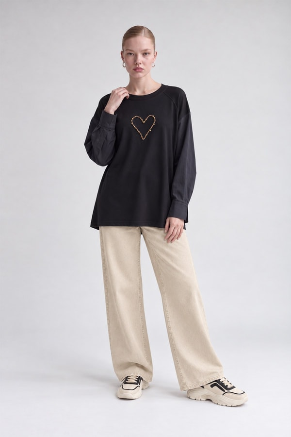 LevidorKalp Detaylı Renk Bloklu Sweatshirt Siyah
