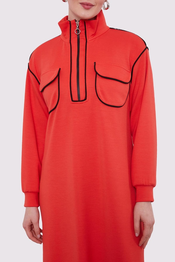 LevidorKiremit Çizgi Cep Detaylı Elbise