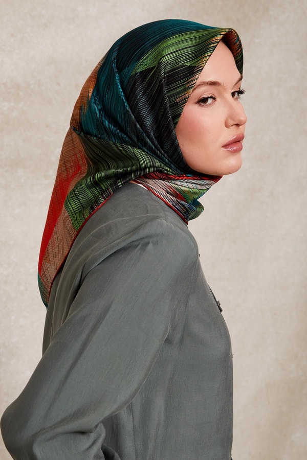 LevidorKiremit Çizgi Desen Twill İpek Eşarp