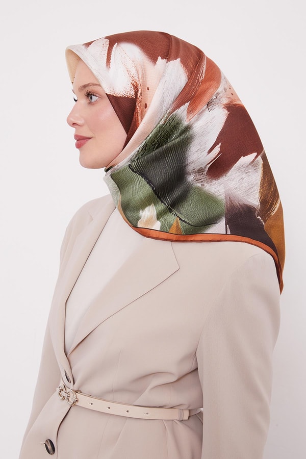 LevidorKiremit Soyut Yaprak Desen Twill İpek Eşarp