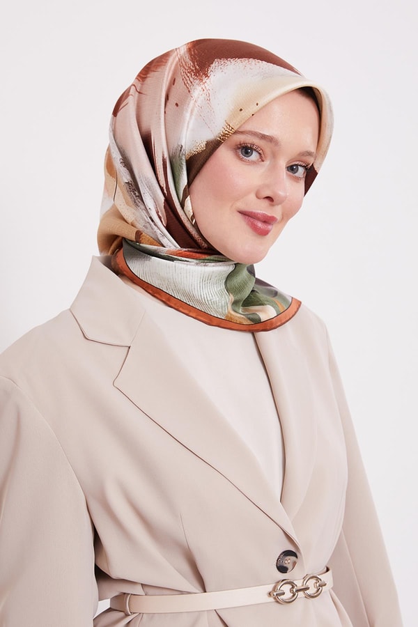 LevidorKiremit Soyut Yaprak Desen Twill İpek Eşarp