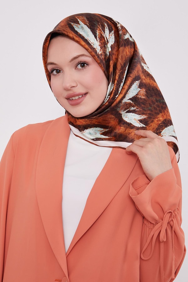 LevidorKiremit Soyut Yaprak Desen Twill İpek Eşarp