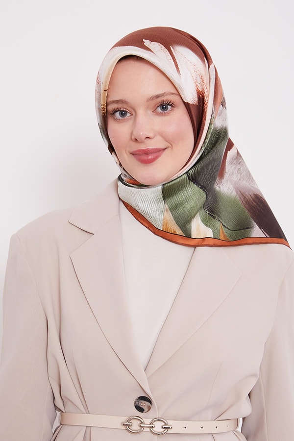 LevidorKiremit Soyut Yaprak Desen Twill İpek Eşarp