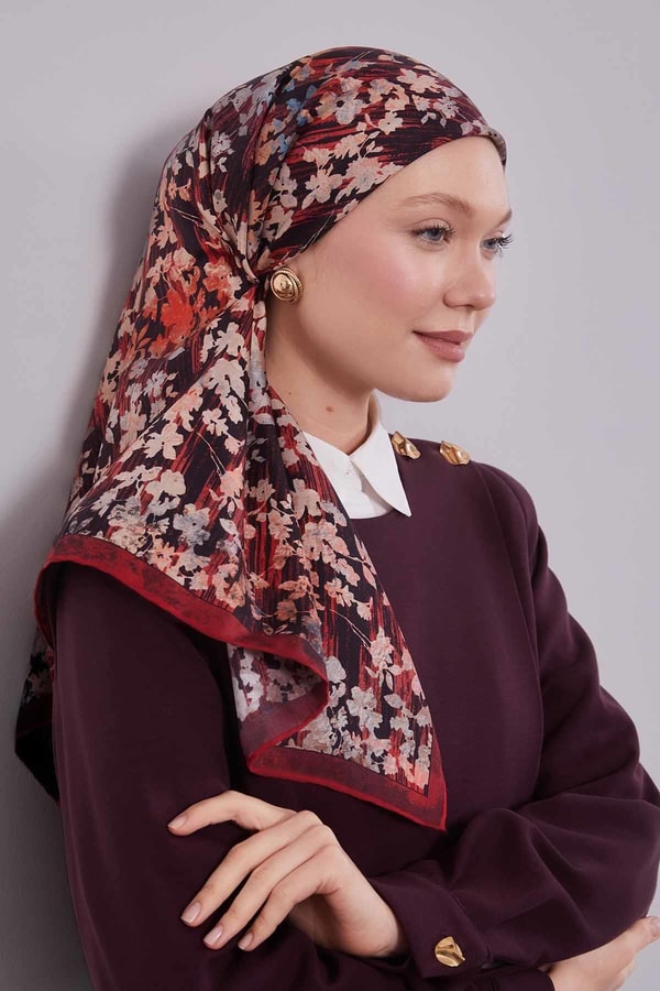 LevidorKırmızı Çiçekli Soyut Desen Twill İpek Eşarp