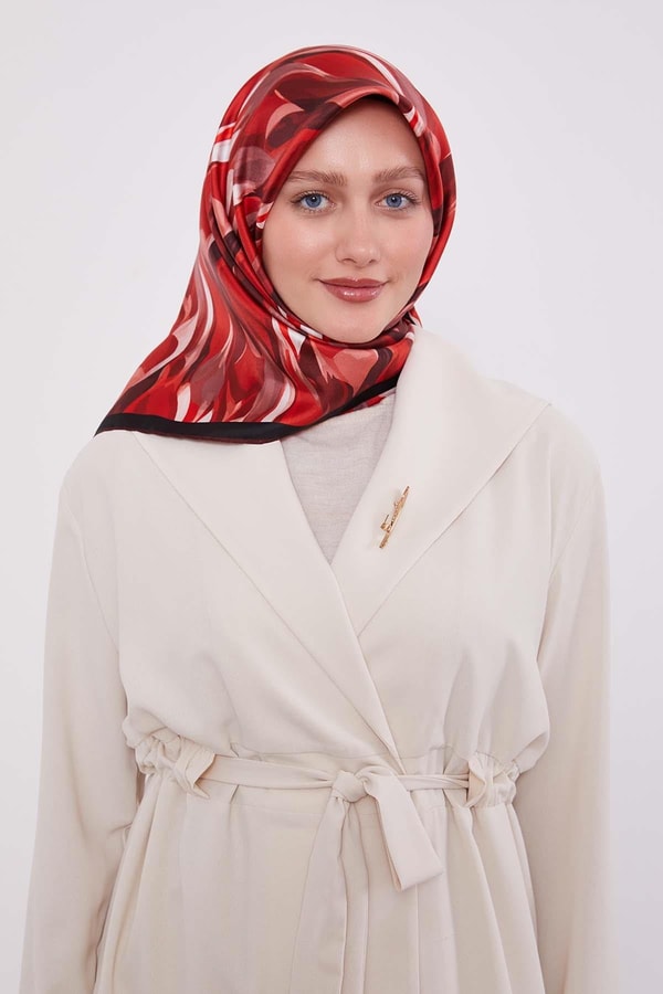 LevidorKırmızı Ebruli Desen Twill İpek Eşarp