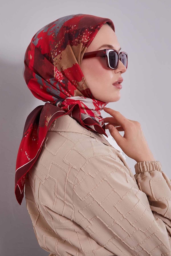 LevidorKırmızı Karma Desenli Twill İpek Eşarp