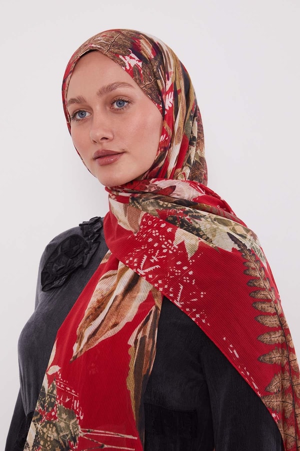 LevidorKırmızı Yaprak Desen Pamuk Şal
