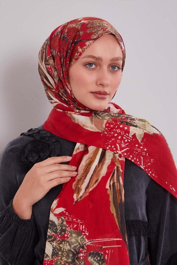 LevidorKırmızı Yaprak Desen Pamuk Şal