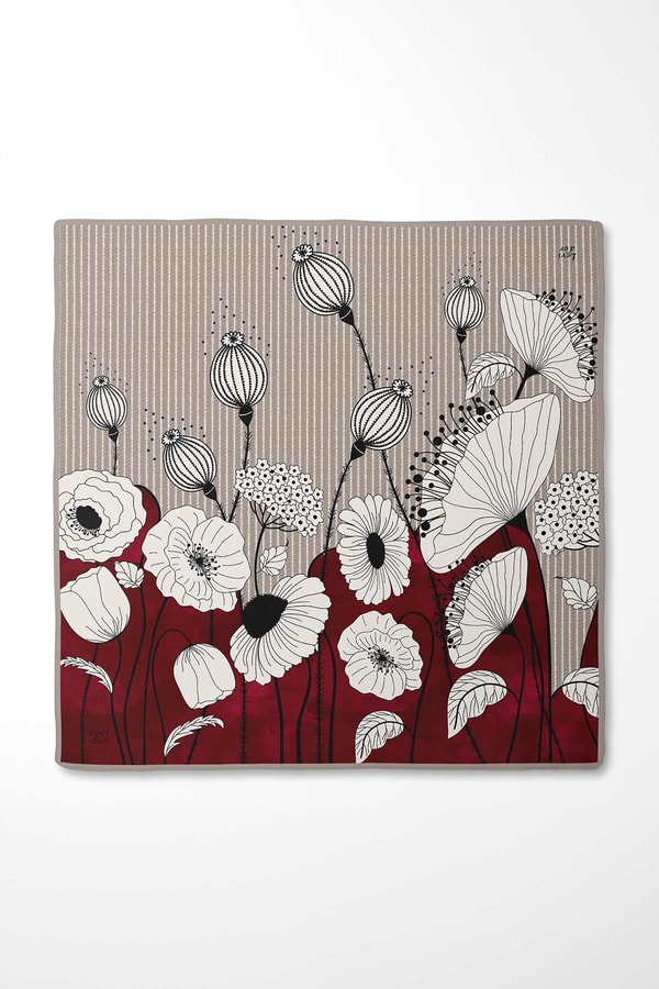 LevidorKırmızı Zambak Çiçek Desen Twill İpek Eşarp