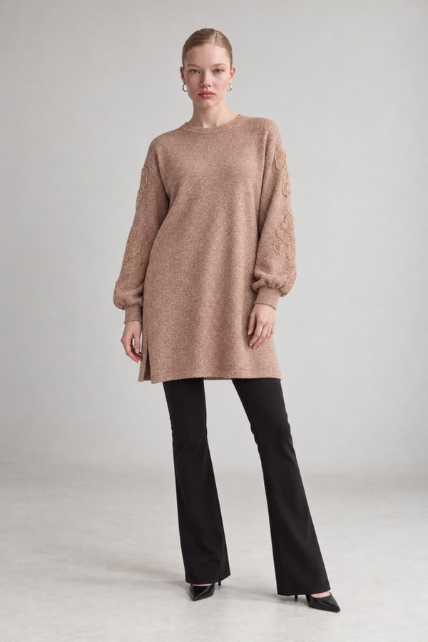 LevidorKol Çiçek Detaylı Tunik Camel