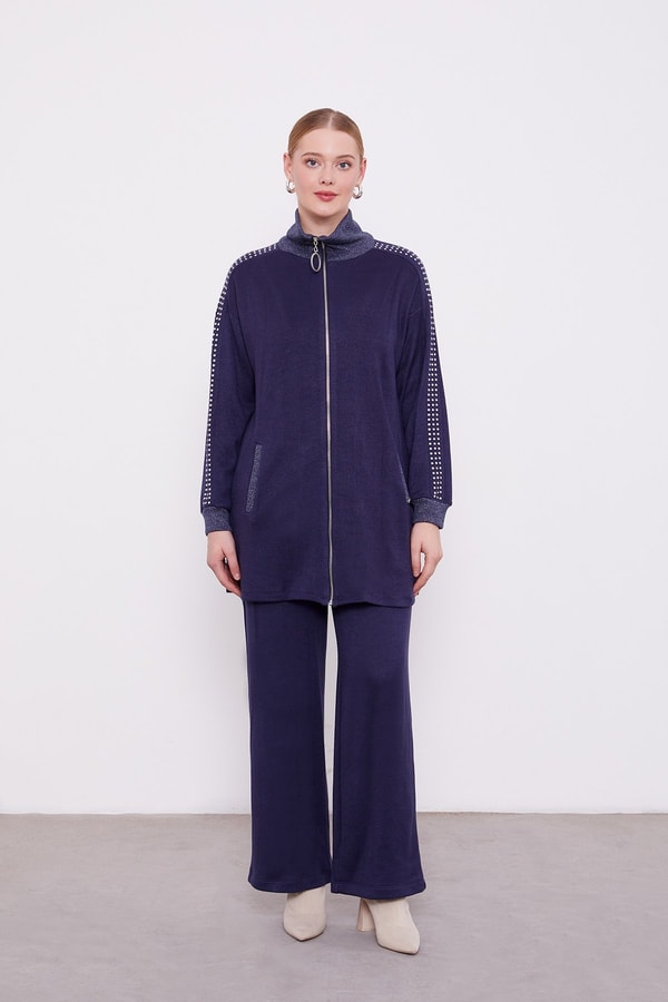 LevidorKolları Taş İşlemeli Kaşmir İkili Takım Lacivert