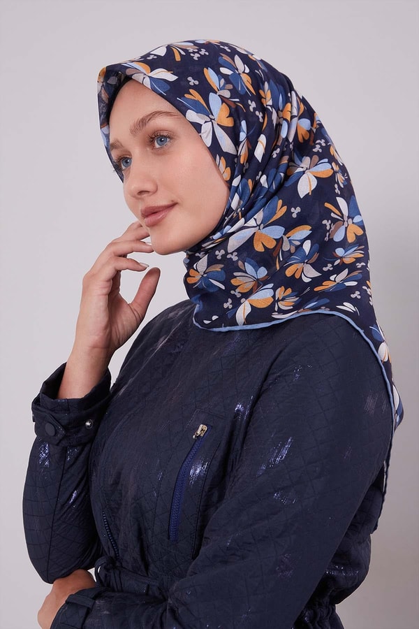 LevidorKot Mavi Çiçek Desen Soft Eşarp