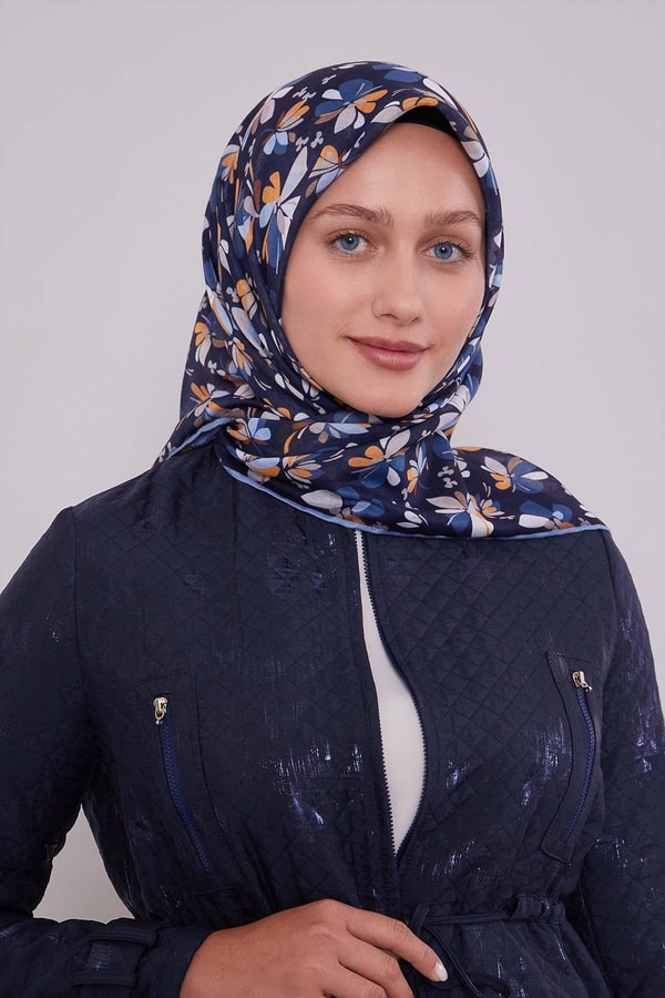 LevidorKot Mavi Çiçek Desen Soft Eşarp