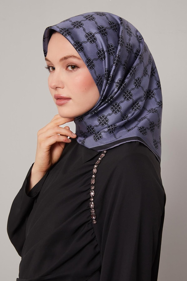 LevidorKot Mavi Mini Yonca Desen Twill İpek Eşarp