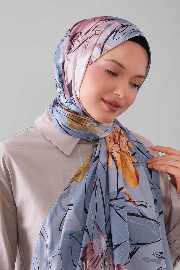 LevidorKot Mavi Soyut Çiçek Desen Twill Şal