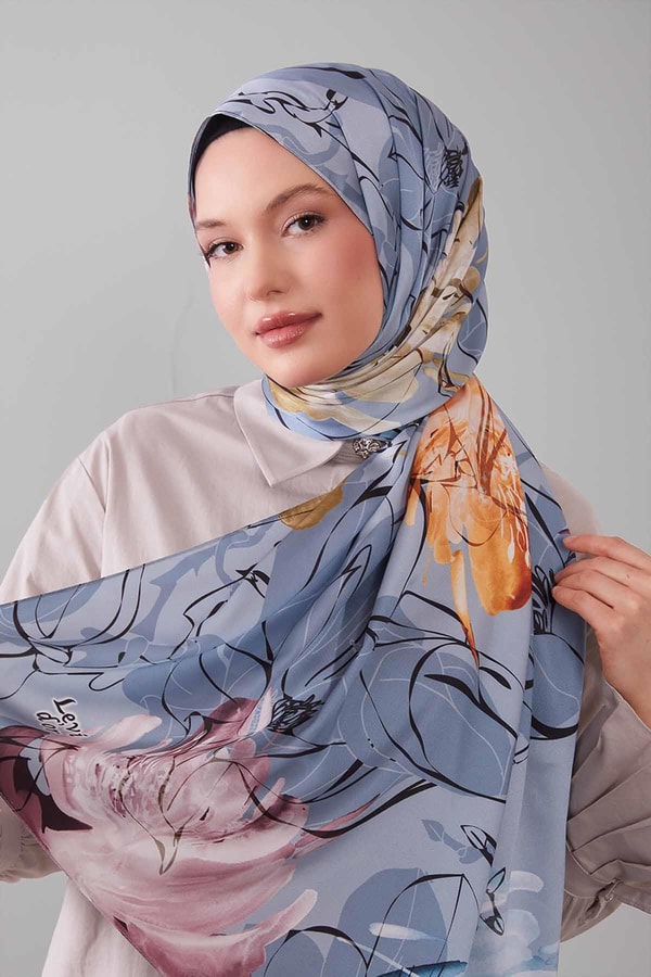 LevidorKot Mavi Soyut Çiçek Desen Twill Şal