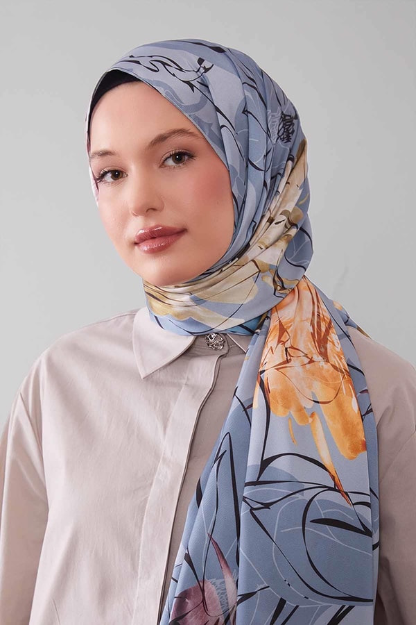 LevidorKot Mavi Soyut Çiçek Desen Twill Şal