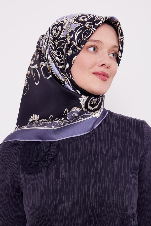 LevidorKot Mavi Varak Desenli Twill İpek Eşarp