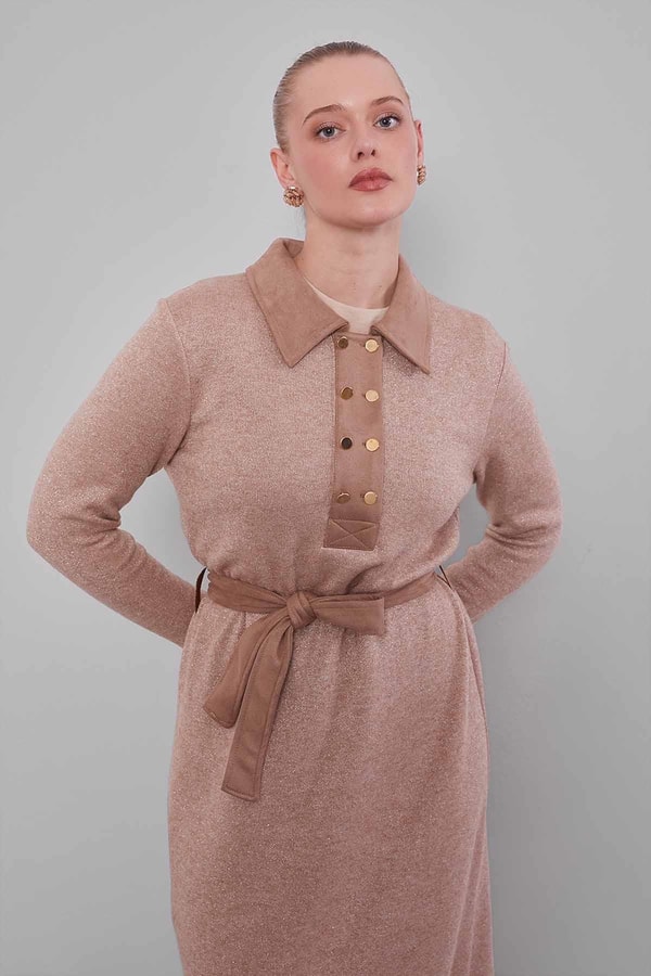 LevidorKOYU BEJ Süet Garnili Kaşmir Elbise