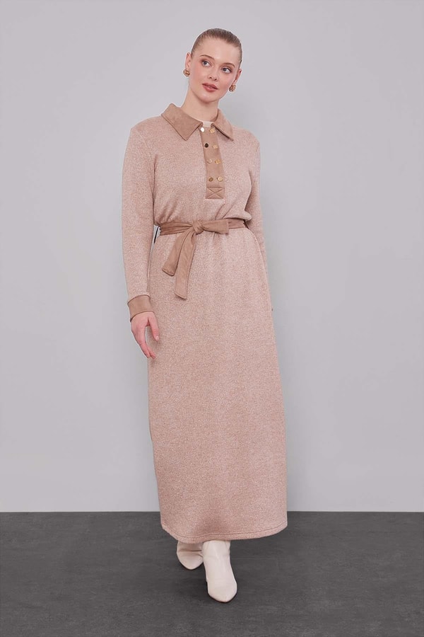 LevidorKOYU BEJ Süet Garnili Kaşmir Elbise