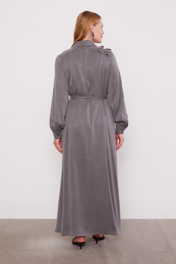 LevidorKoyu Gri Düğme Detaylı Cupra Elbise