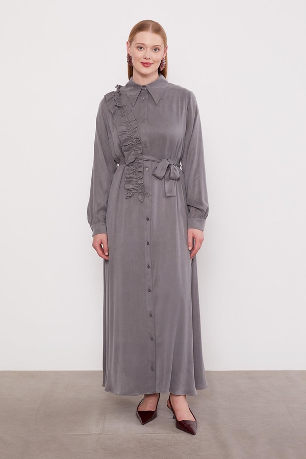 LevidorKoyu Gri Düğme Detaylı Cupra Elbise