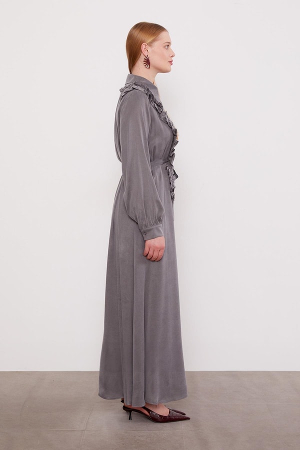 LevidorKoyu Gri Düğme Detaylı Cupra Elbise