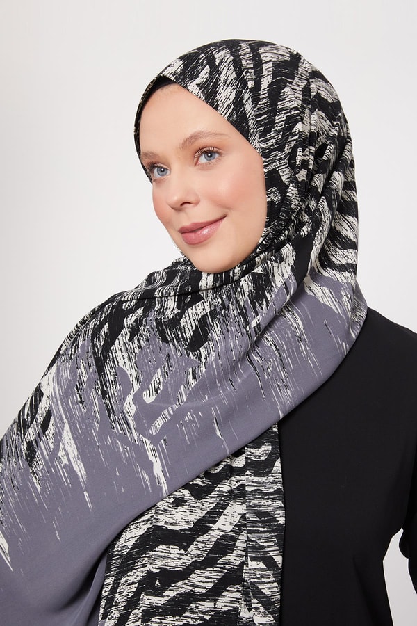 LevidorKoyu Gri Zebra Desenli Medine İpeği Şal