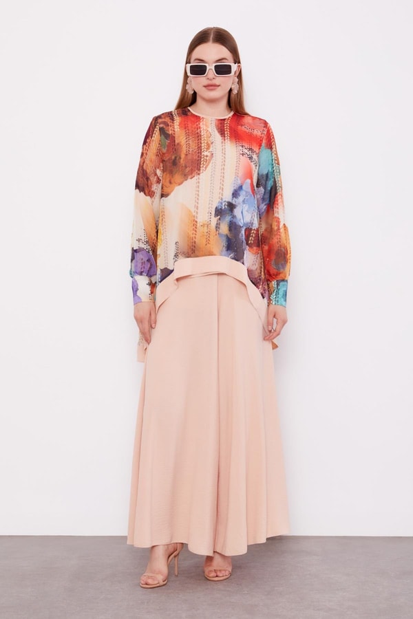 LevidorKoyu Mor Çiçek Baskılı Pantolonlu Bluz Takım