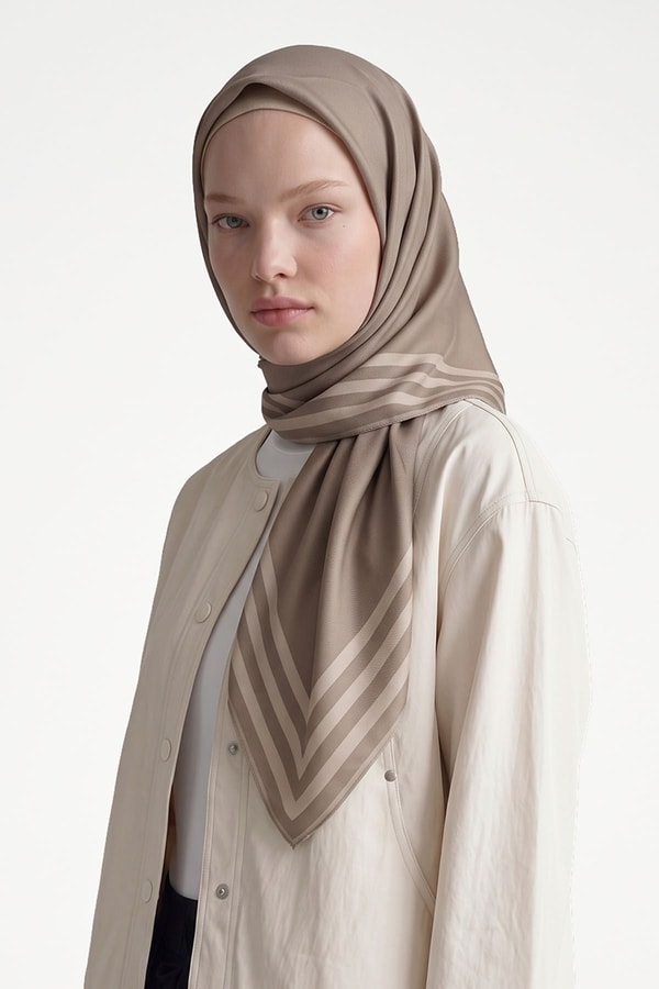 LevidorKoyu Vizon Üç Çizgi Detaylı Twill İpek Eşarp