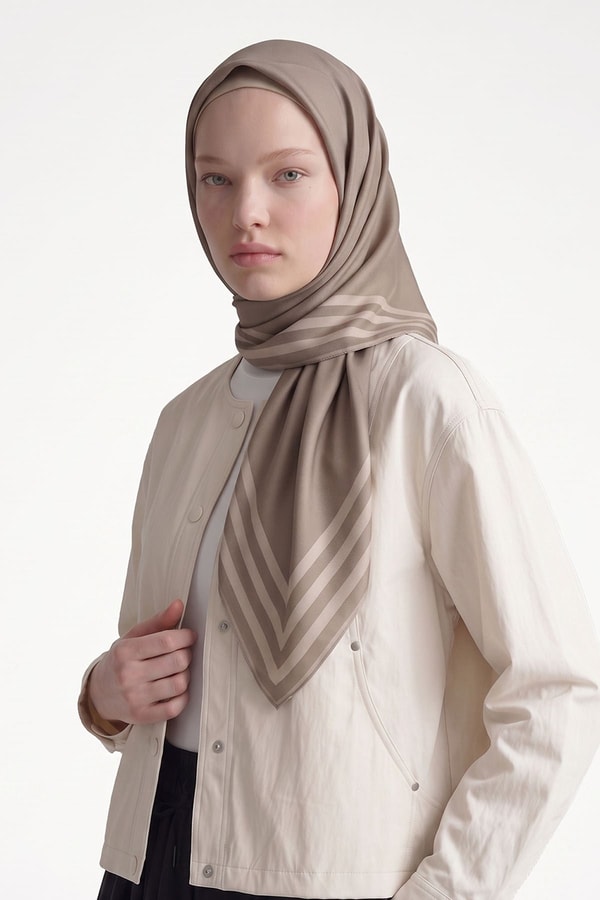 LevidorKoyu Vizon Üç Çizgi Detaylı Twill İpek Eşarp
