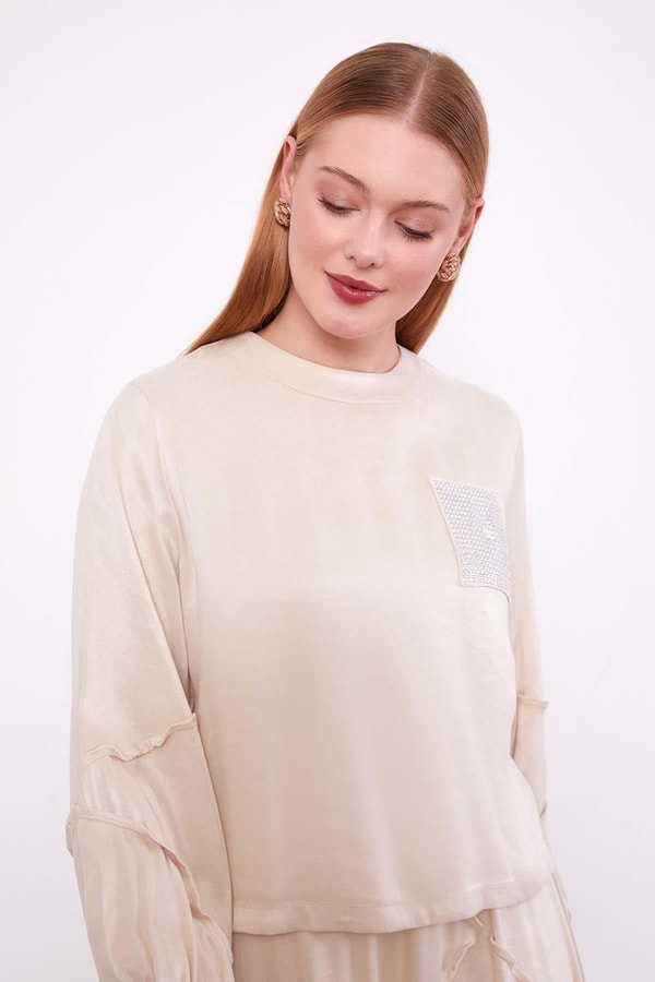 LevidorKrem Asimetrik Fırfır Detaylı Cupra Etek Takım