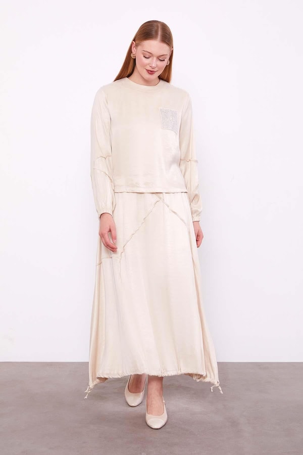 LevidorKrem Asimetrik Fırfır Detaylı Cupra Etek Takım