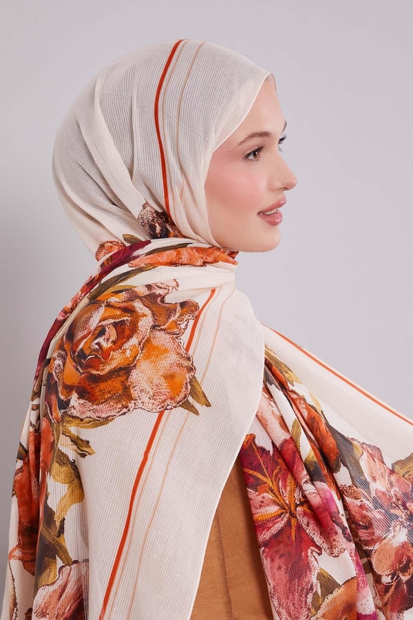 LevidorKrem Gül Desen Pamuk Şal