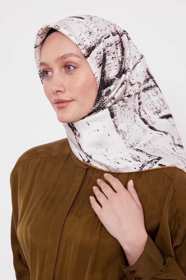 LevidorKrem Karışık Fırça Desen Twill İpek Eşarp