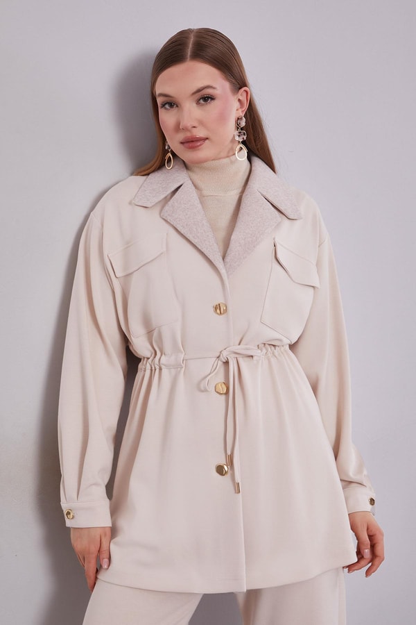 LevidorKrem Kruvaze Kürk Yakalı İkili Takım