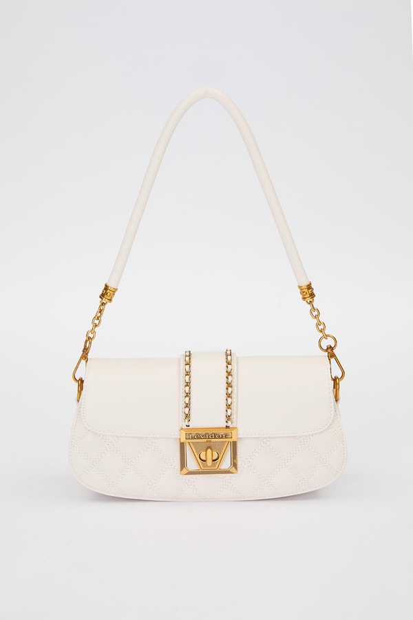 LevidorKrem Oval Kapitone Desen Omuz Çantası