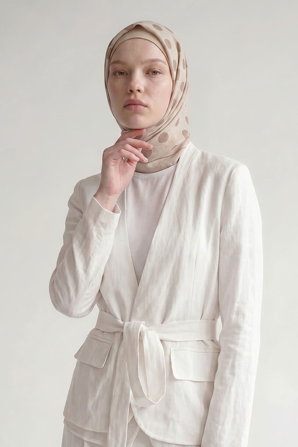 LevidorKrem Puantiyeli Twill İpek Eşarp
