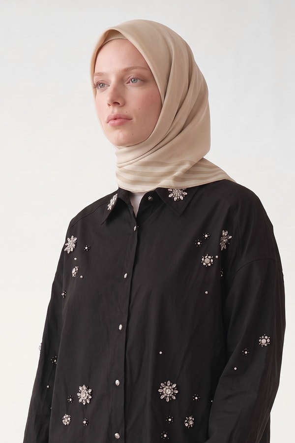 LevidorKrem Üç Çizgi Detaylı Twill İpek Eşarp