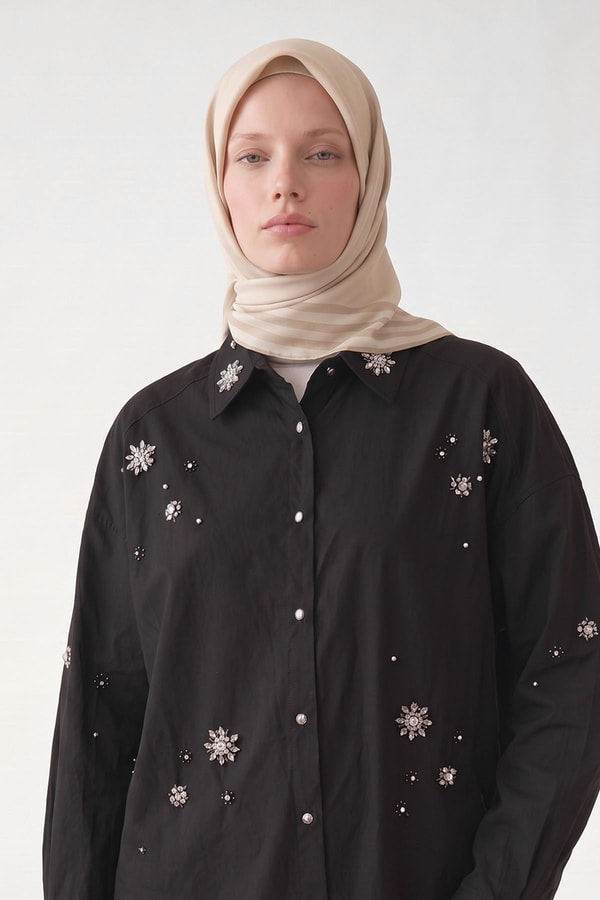 LevidorKrem Üç Çizgi Detaylı Twill İpek Eşarp